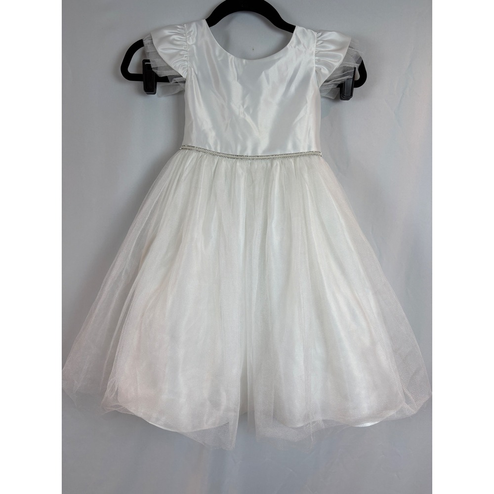 Sweet Kids USA Girls White Satin Tulle Flower Girl Dress Rhinestone Waist Size 5